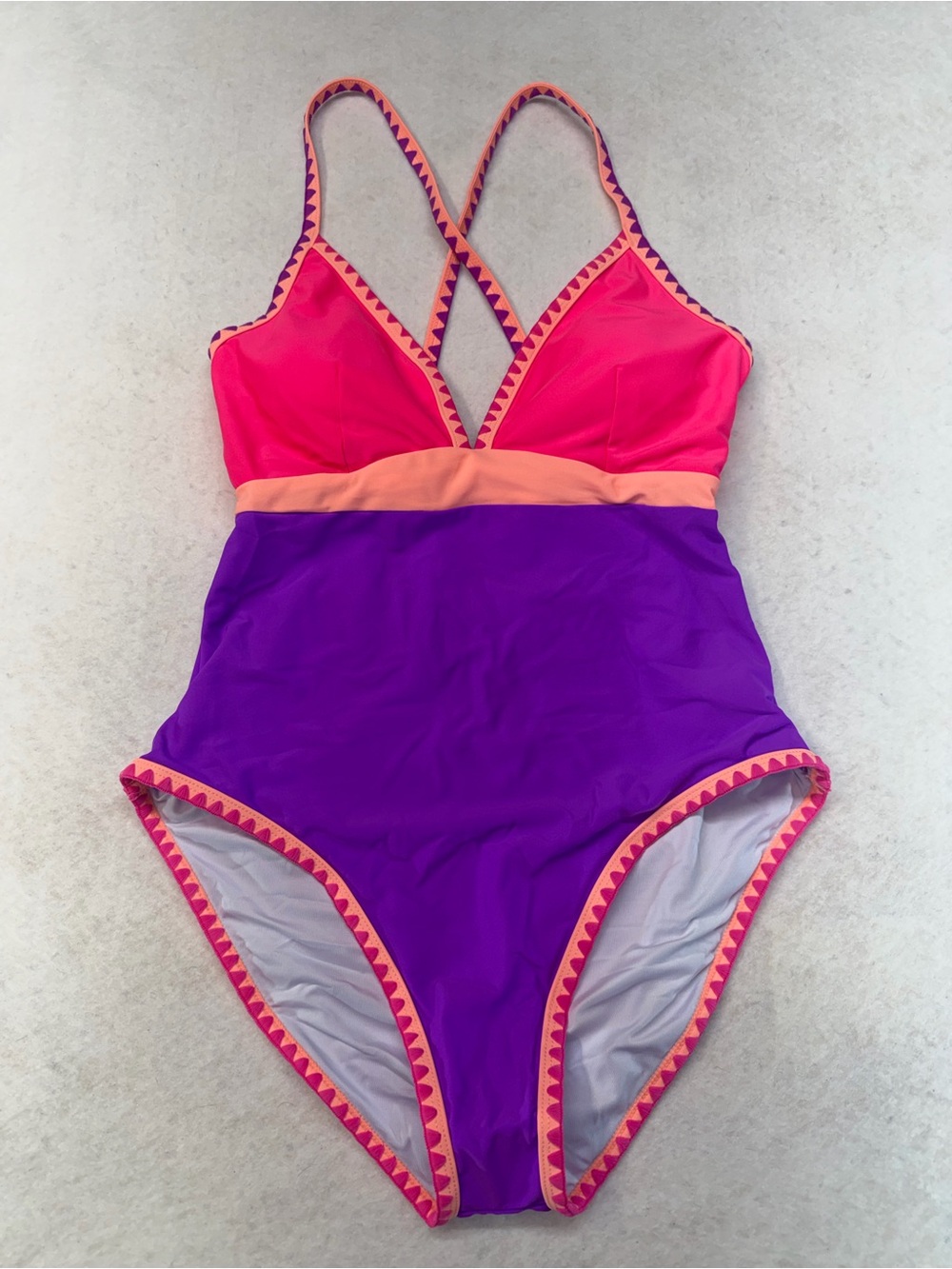 Popvil Colorblock Pink & Purple One-Piece Swimsuit with Peach Trim
